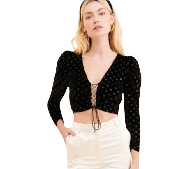 For Love & Lemons Elisa Velvet Glitter Dot Lace Up Cropped Top Black Size XS - Picture 2 of 13